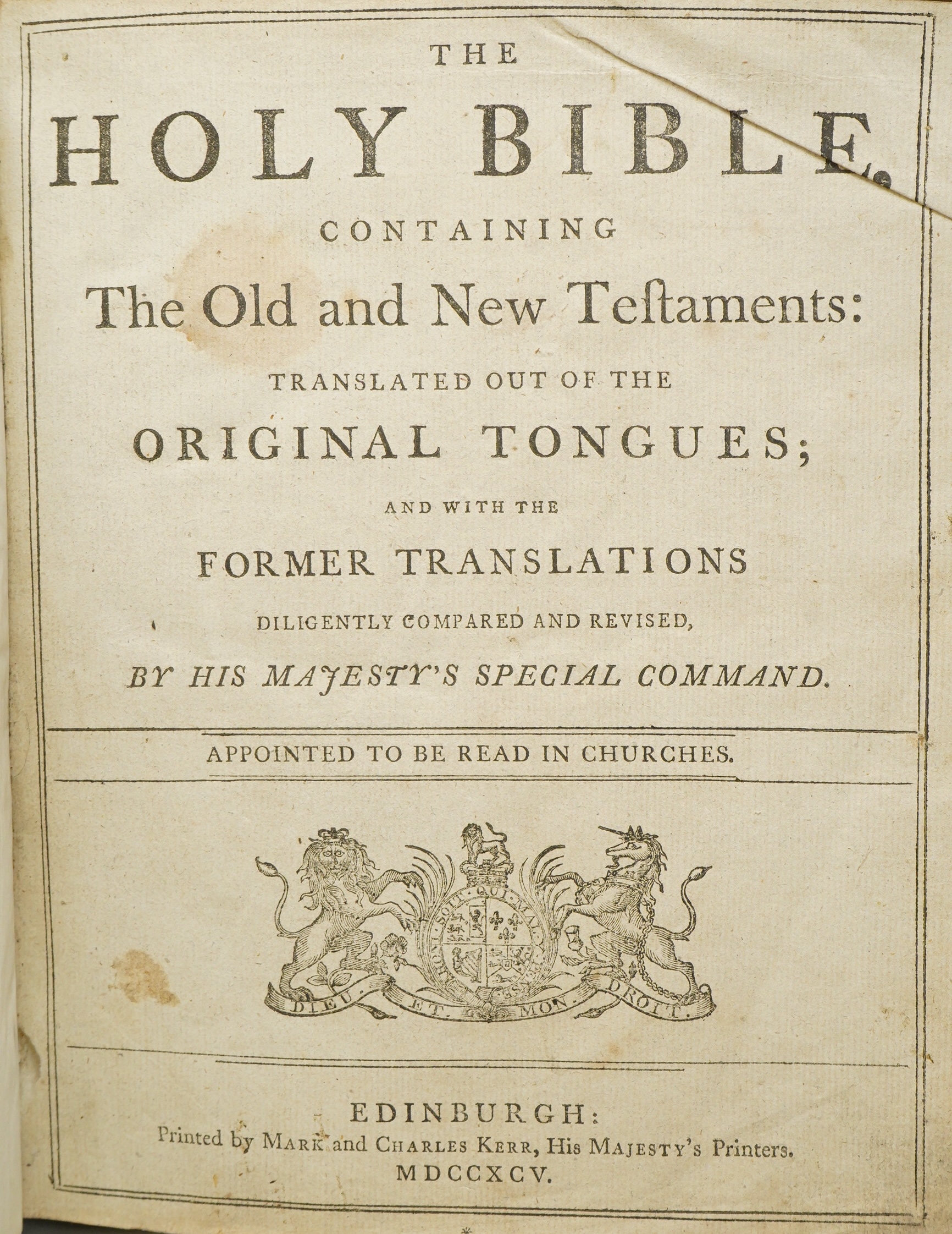 A King James Bible, one volume, printed 1795 by Mark and Charles Kerr, Edinburgh